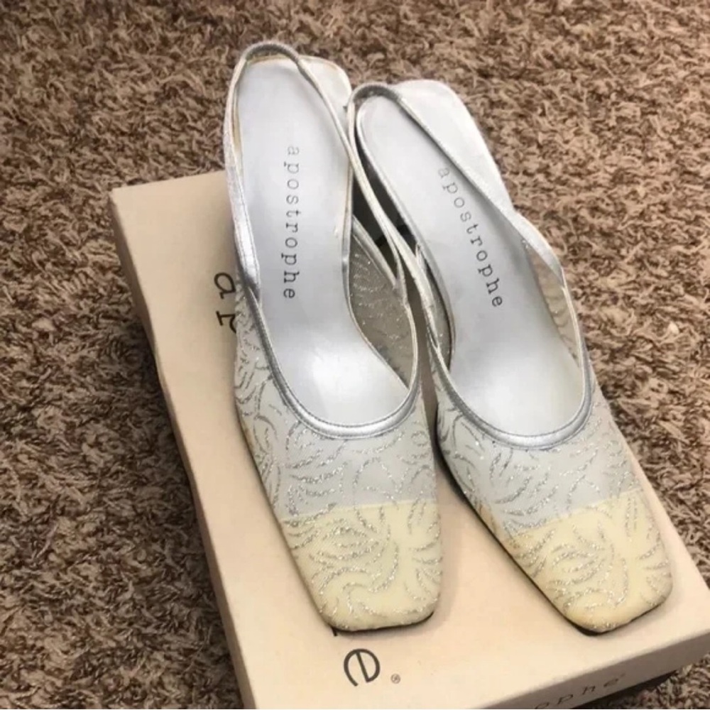 Apostrophe Ivory and Champagne Glitter Slingback Heels